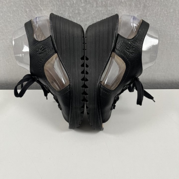 Fly London Ylfa Black Leather Lace Up Wedge Sandals Size 38 US 7.5/8 - Picture 5 of 9